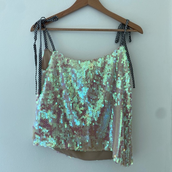 Iridescent sequined top with gingham straps - Picture 1 of 5